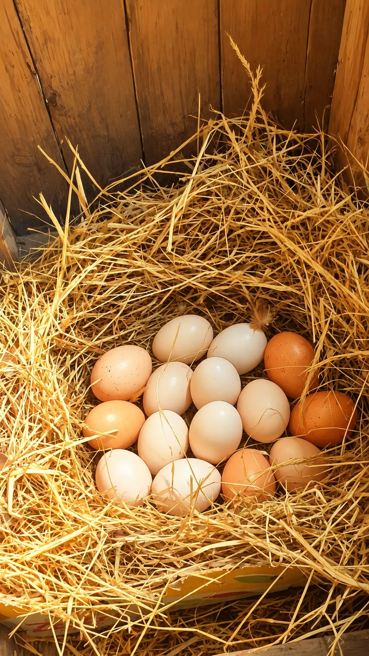 Golden Misri eggs in a woven basket, ready for pickup